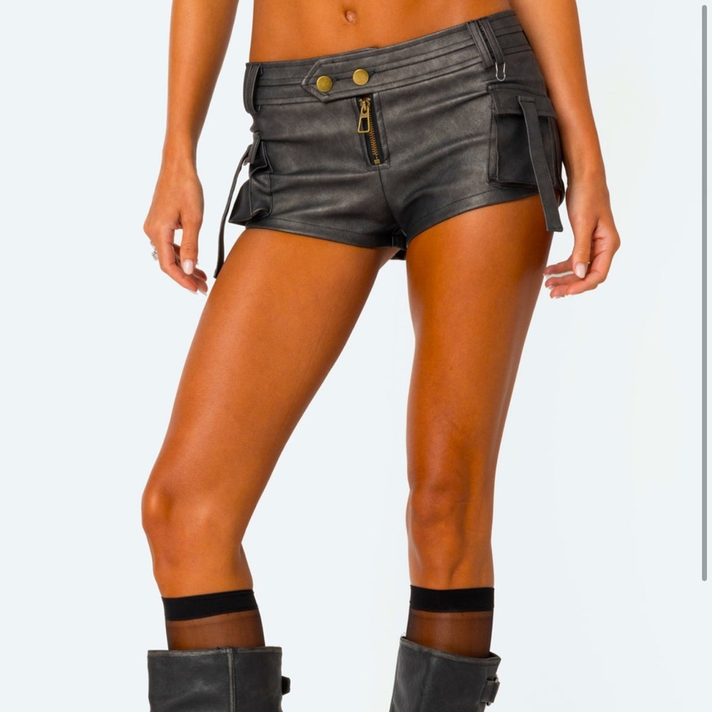 washed faux leather micro cargo shorts